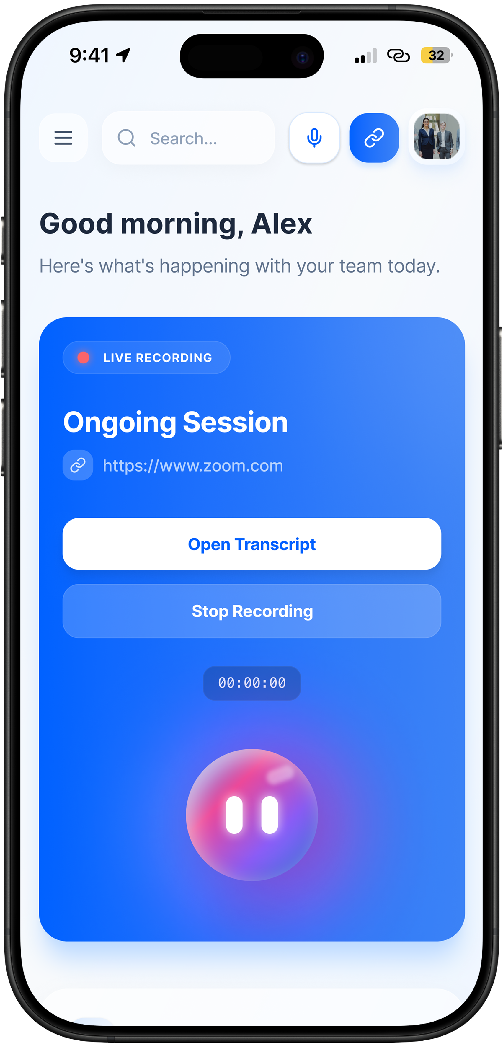 MinuteX app recording a live session